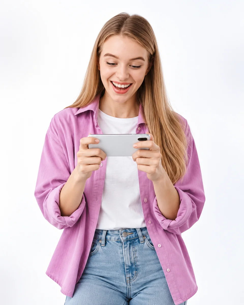 Smiling woman in a pink shirt playing a game on her phone