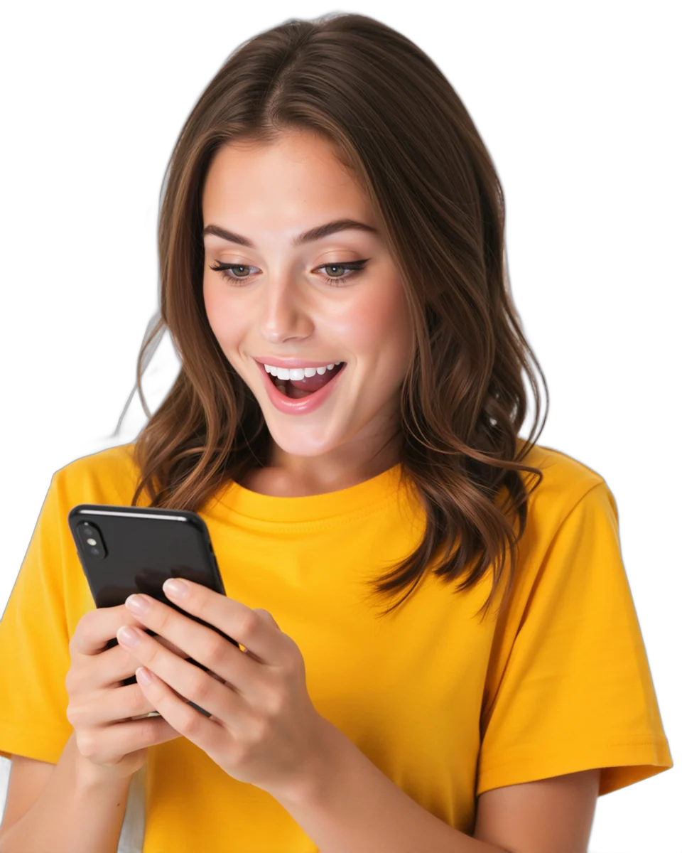 Excited woman in a yellow T-shirt looking at her phone
